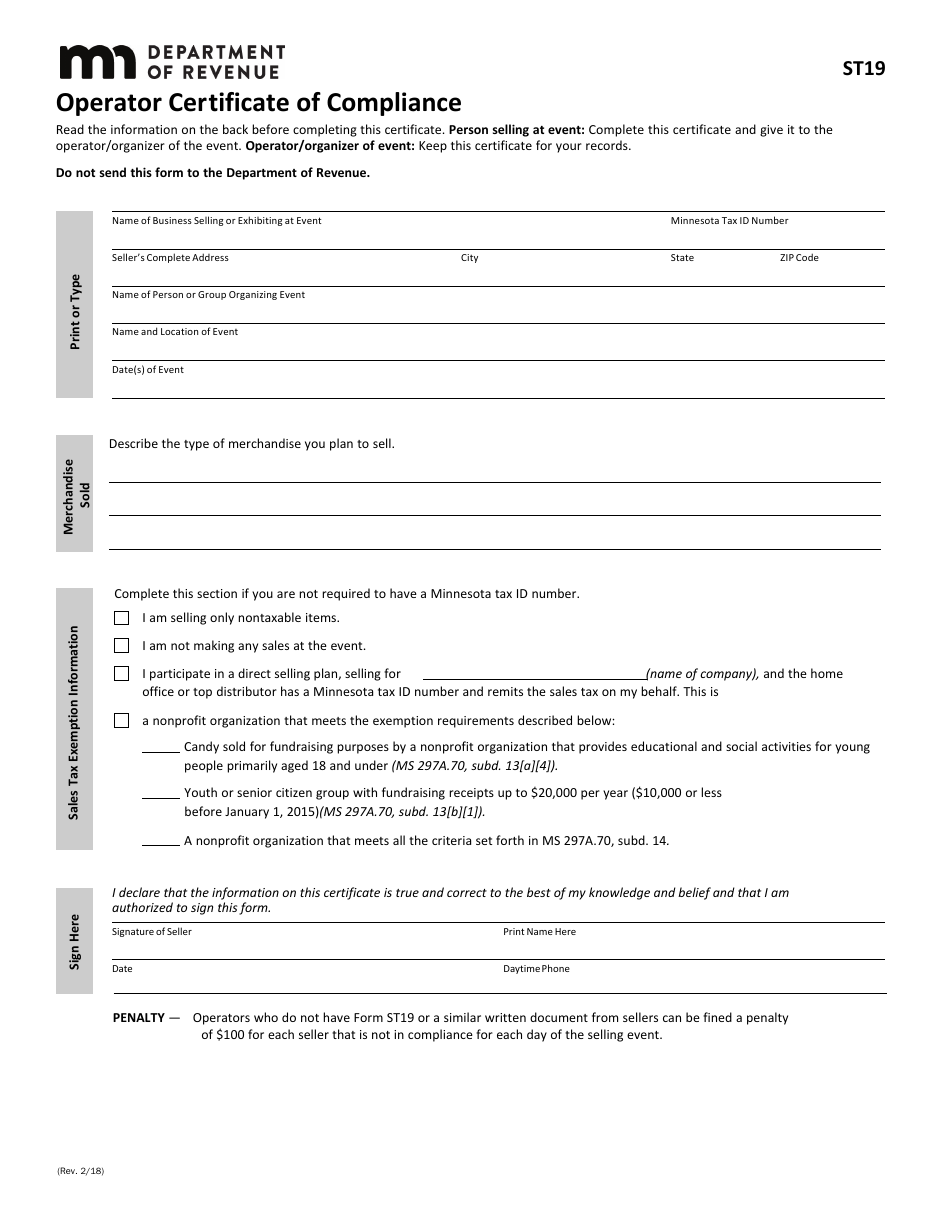 Form ST19 Operator Certificate of Compliance - Minnesota, Page 1