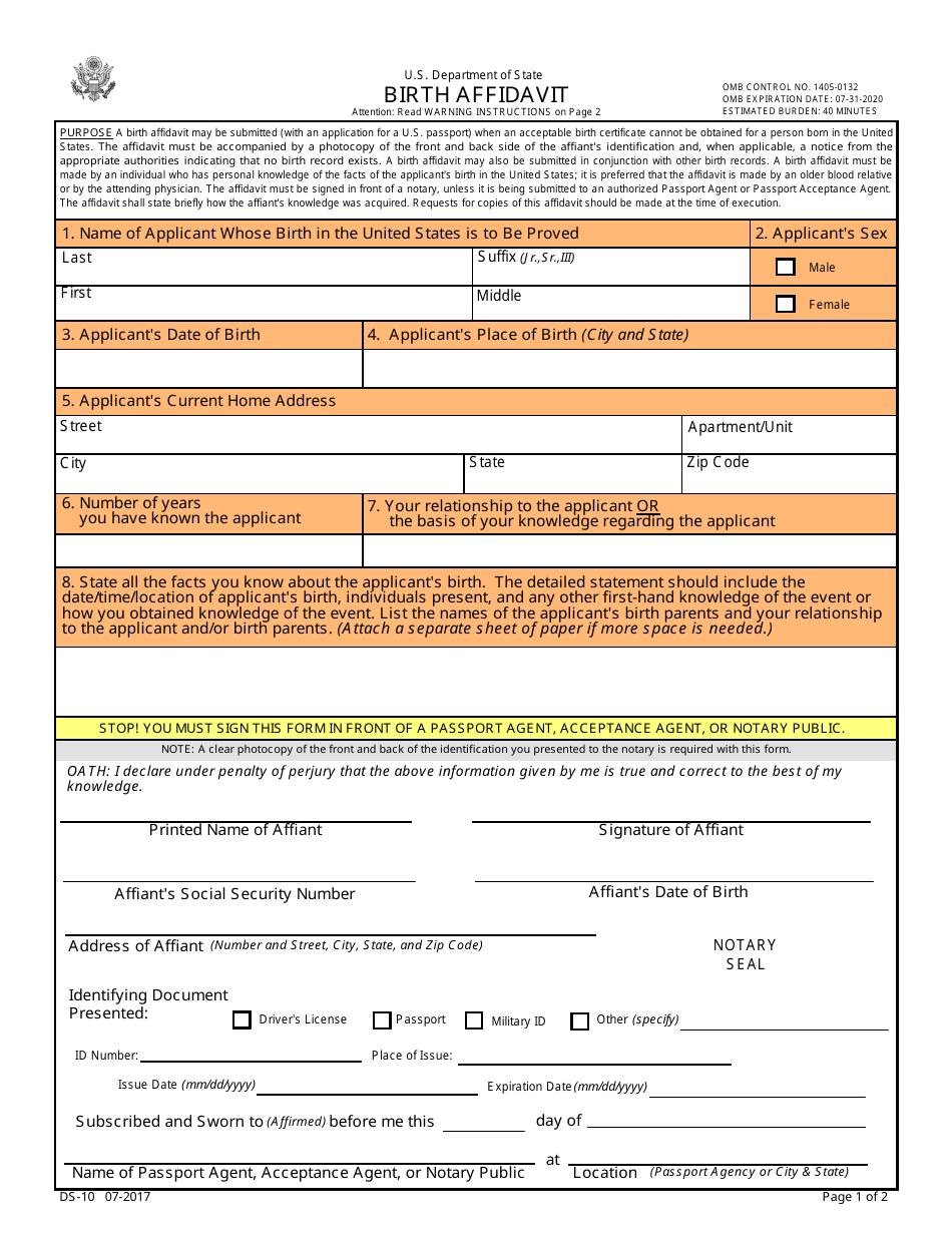 Form DS-10 Birth Affidavit, Page 1