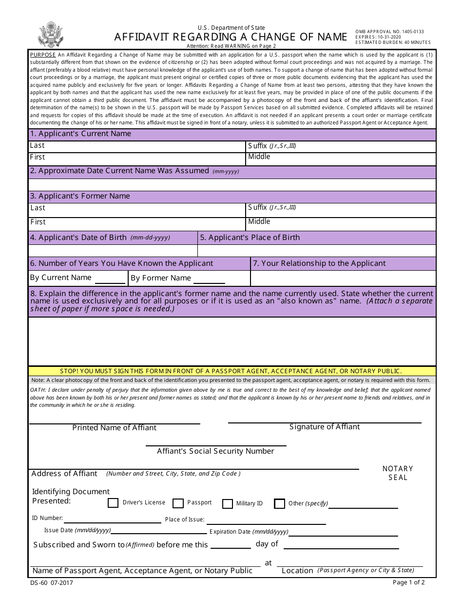 Form DS-60 Affidavit Regarding a Change of Name, Page 1