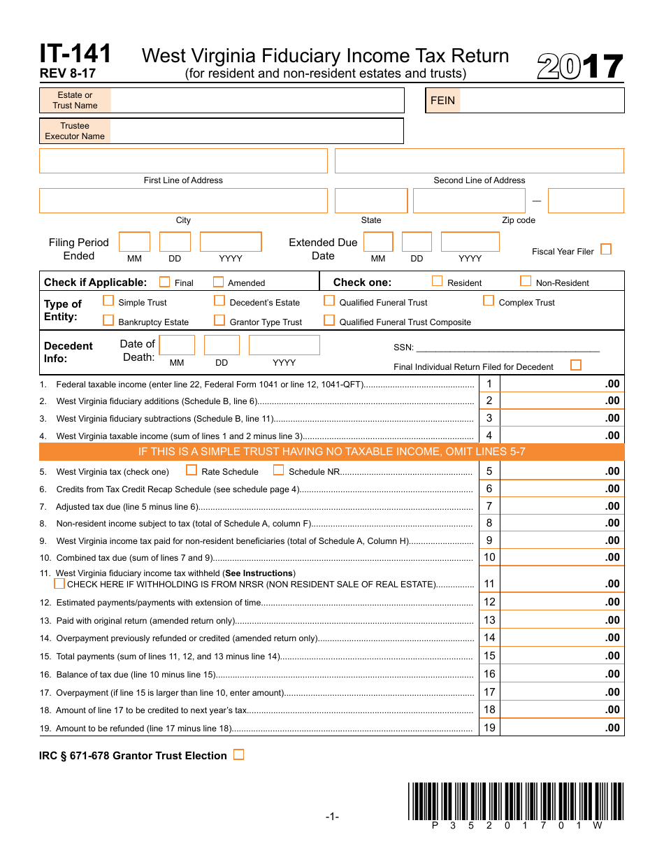Form IT-141 West Virginia Fiduciary Income Tax Return (For Resident and Non-resident Estates and Trusts) - West Virginia, Page 1