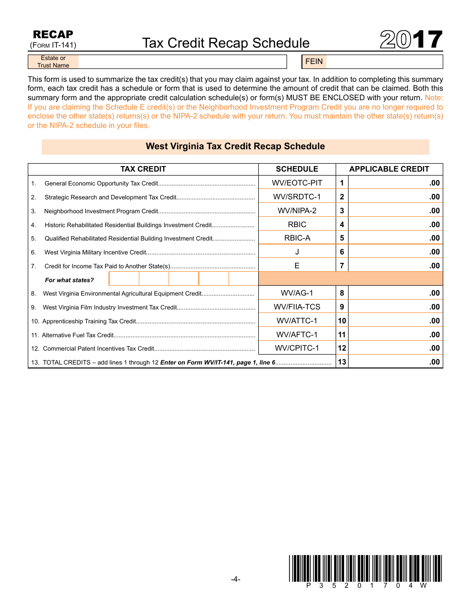 Form IT-141 West Virginia Fiduciary Income Tax Return (For Resident and Non-resident Estates and Trusts) - West Virginia, Page 4