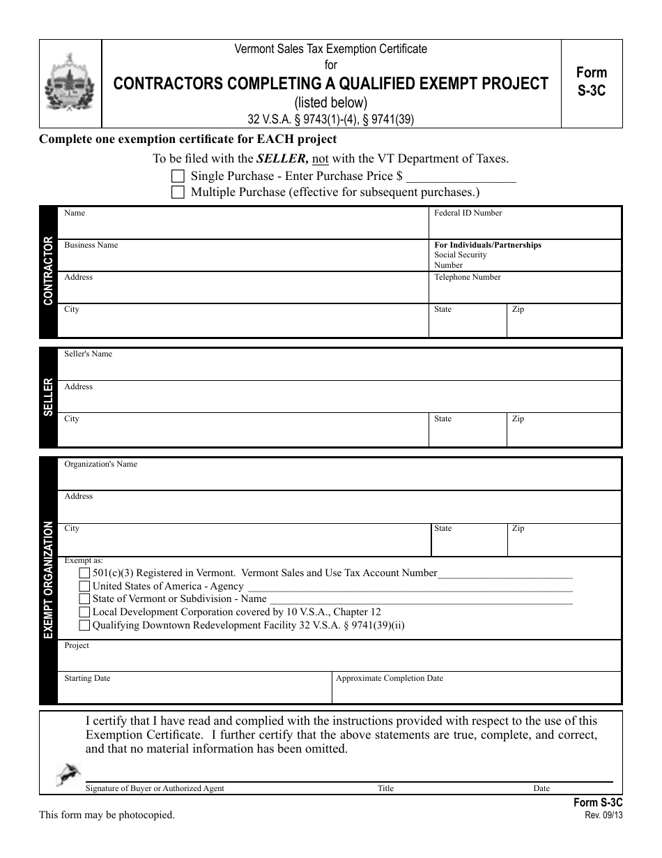 VT Form S-3C Vermont Sales Tax Exemption Certificate for Contractors Completing a Qualified Exempt Project - Vermont, Page 1