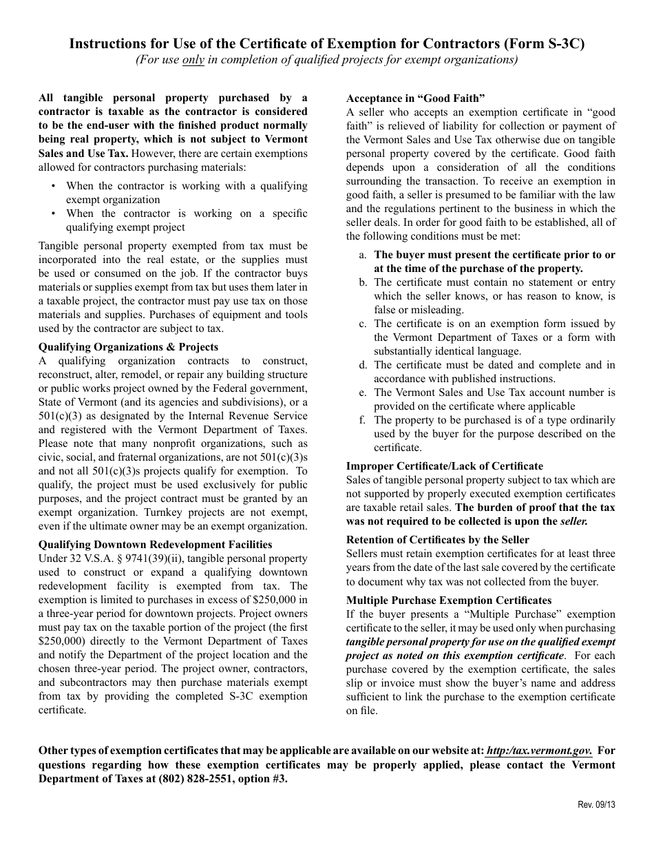VT Form S-3C Vermont Sales Tax Exemption Certificate for Contractors Completing a Qualified Exempt Project - Vermont, Page 2