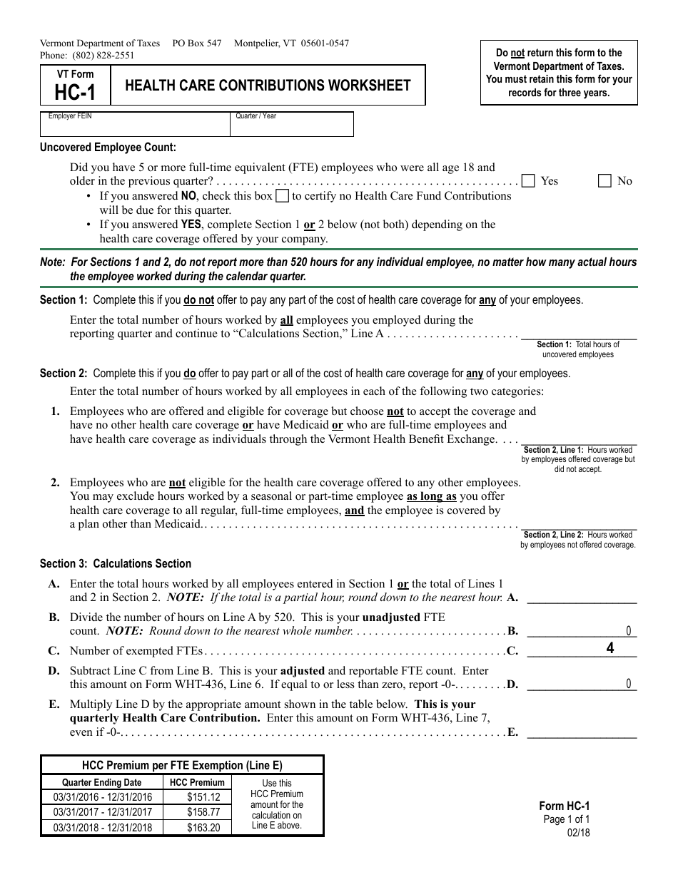 VT Form HC-1 Health Care Contributions Worksheet - Vermont, Page 1