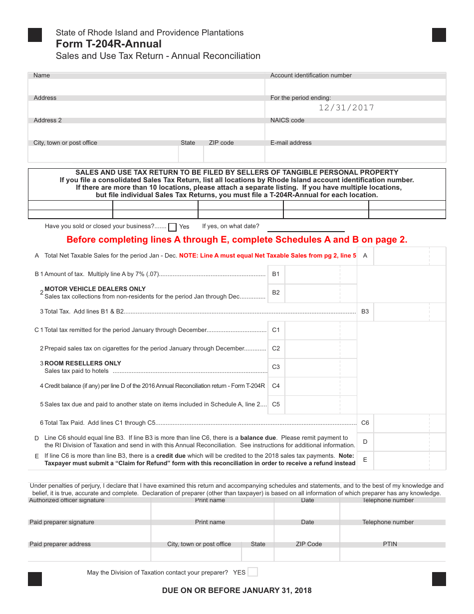 Form T-204R-Annual Sales and Use Tax Return - Annual Reconciliation - Rhode Island, Page 1