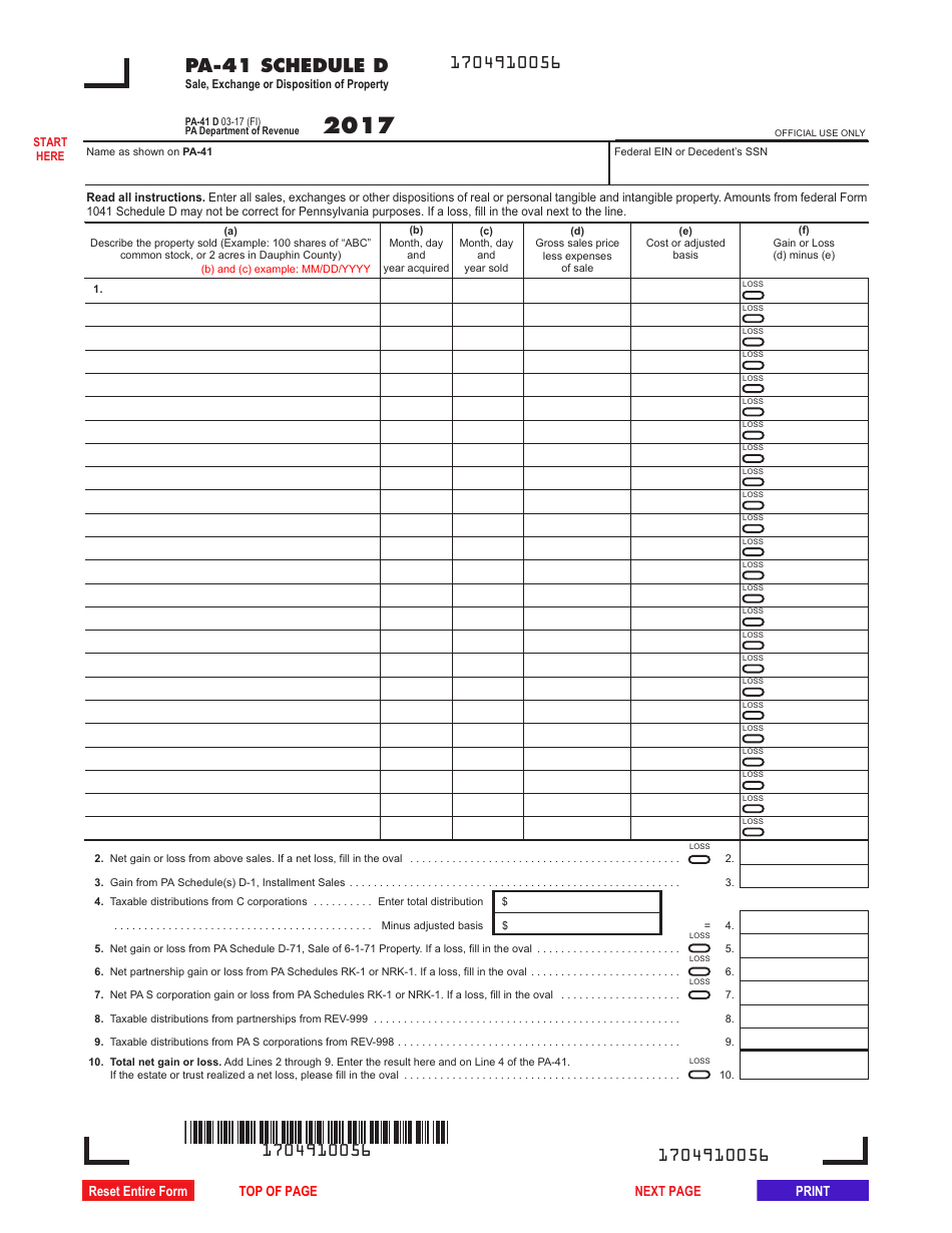 Form PA-41 Schedule D Sale, Exchange or Disposition of Property - Pennsylvania, Page 1
