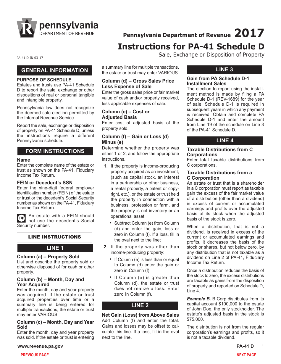 Form PA-41 Schedule D Sale, Exchange or Disposition of Property - Pennsylvania, Page 3