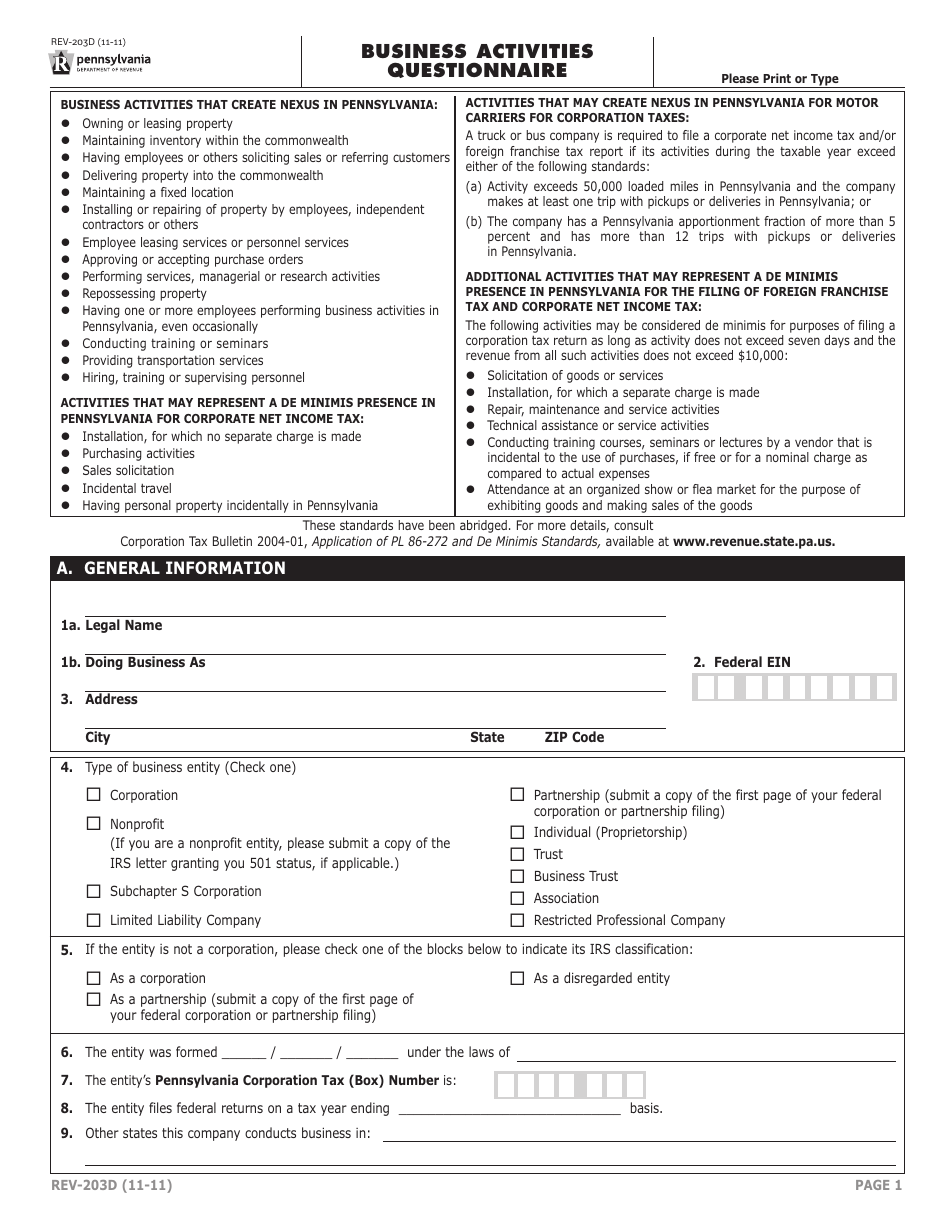 Form REV-203D Business Activities Questionnaire - Pennsylvania, Page 1
