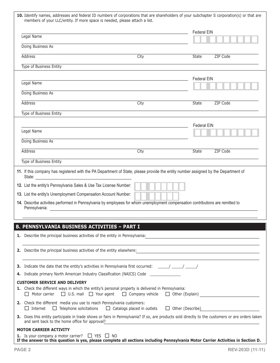 Form REV-203D Business Activities Questionnaire - Pennsylvania, Page 2