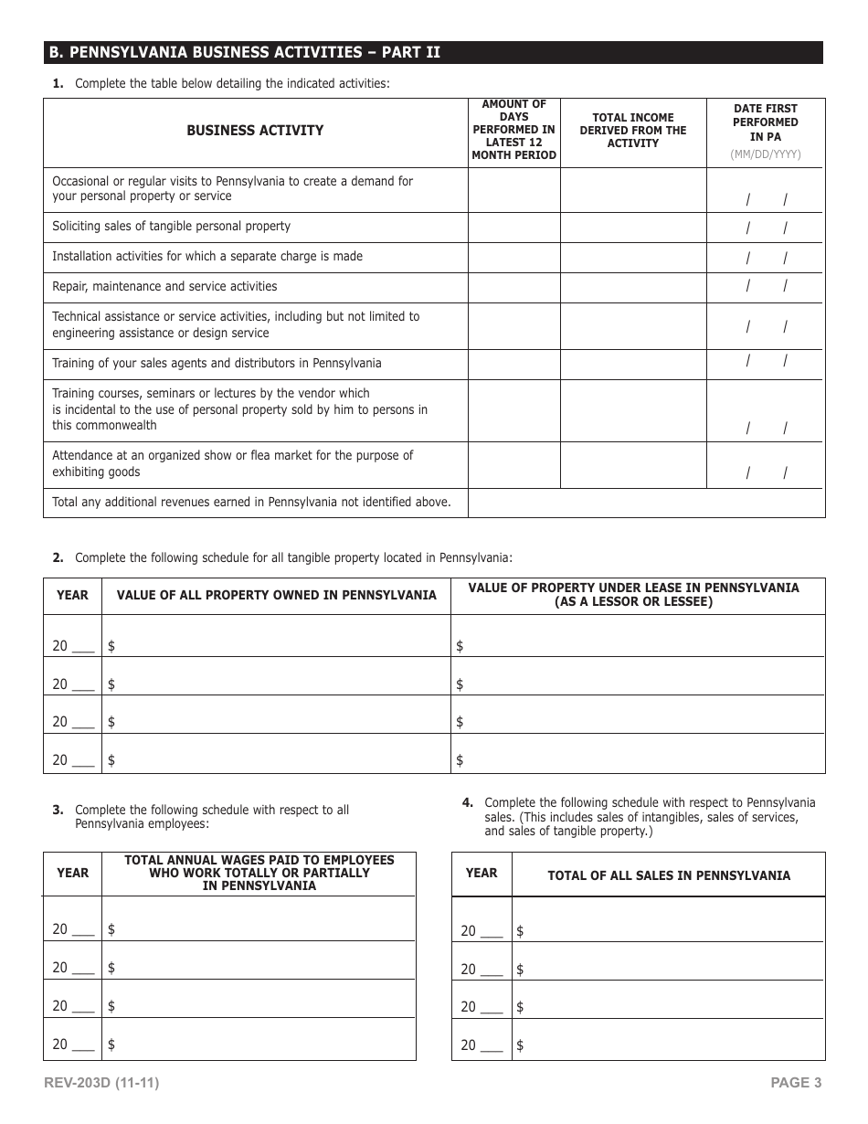 Form REV-203D Business Activities Questionnaire - Pennsylvania, Page 3