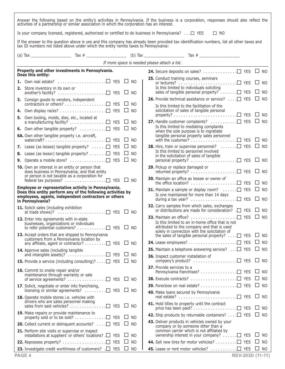 Form REV-203D Business Activities Questionnaire - Pennsylvania, Page 4