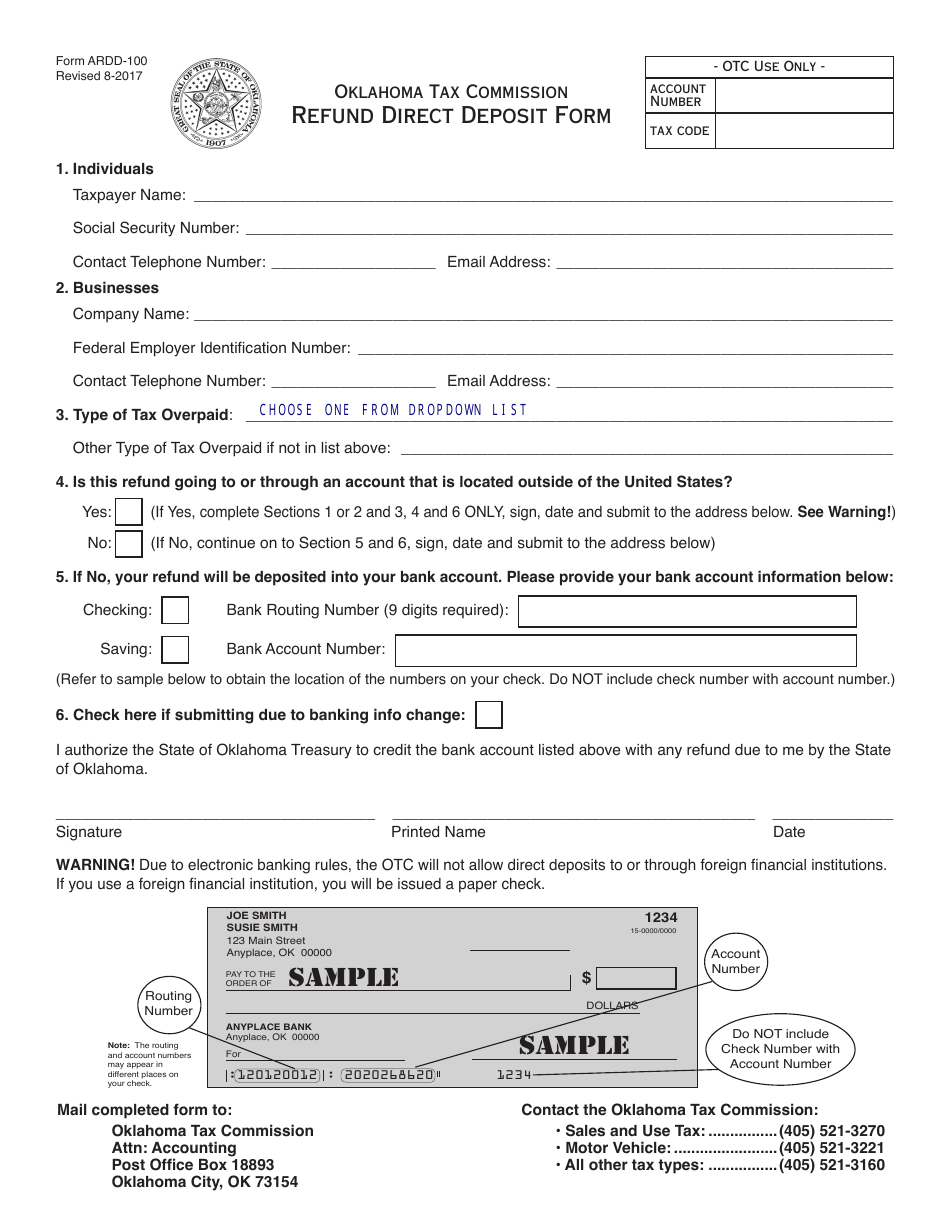 OTC Form ARDD-100 Refund Direct Deposit Form - Oklahoma, Page 1