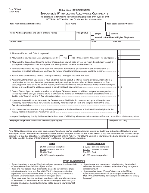 OTC Form W-4 Employee's Withholding Allowance Certificate - Oklahoma
