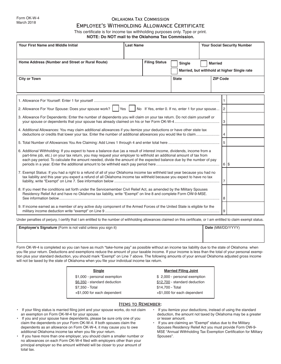 OTC Form W-4 Employees Withholding Allowance Certificate - Oklahoma, Page 1