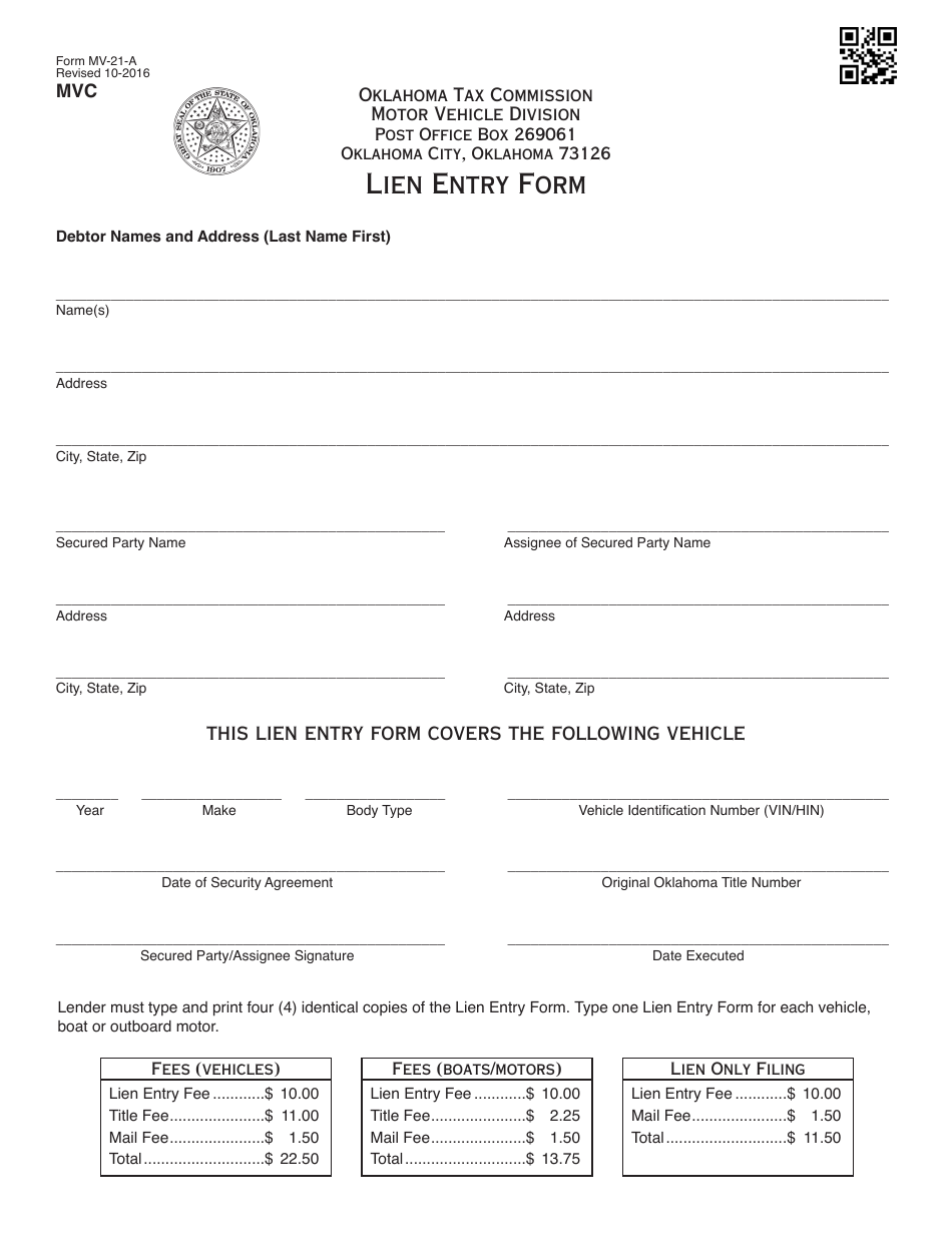 OTC Form MV-21-A Lien Entry Form - Oklahoma, Page 1