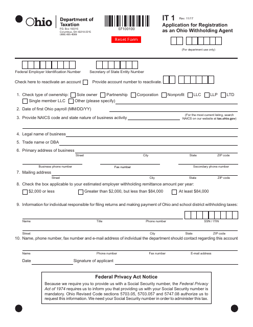 Form IT1 Application for Registration as an Ohio Withholding Agent - Ohio