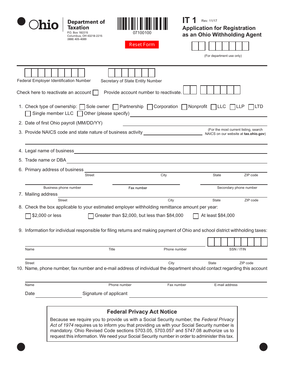 Form IT1 Application for Registration as an Ohio Withholding Agent - Ohio, Page 1