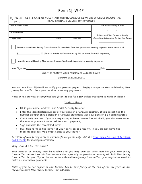 Form NJ-W-4P Certificate of Voluntary Withholding of New Jersey Gross Income Tax From Pension and Annuity Payments - New Jersey