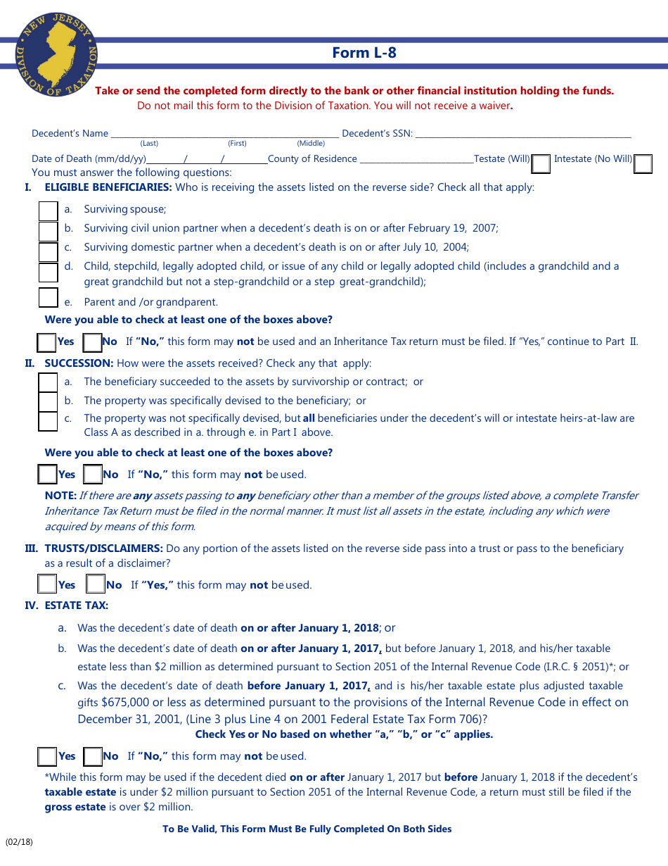 Form L-8 Affidavit for Non-real Estate Investments: Resident Decedents - New Jersey, Page 3