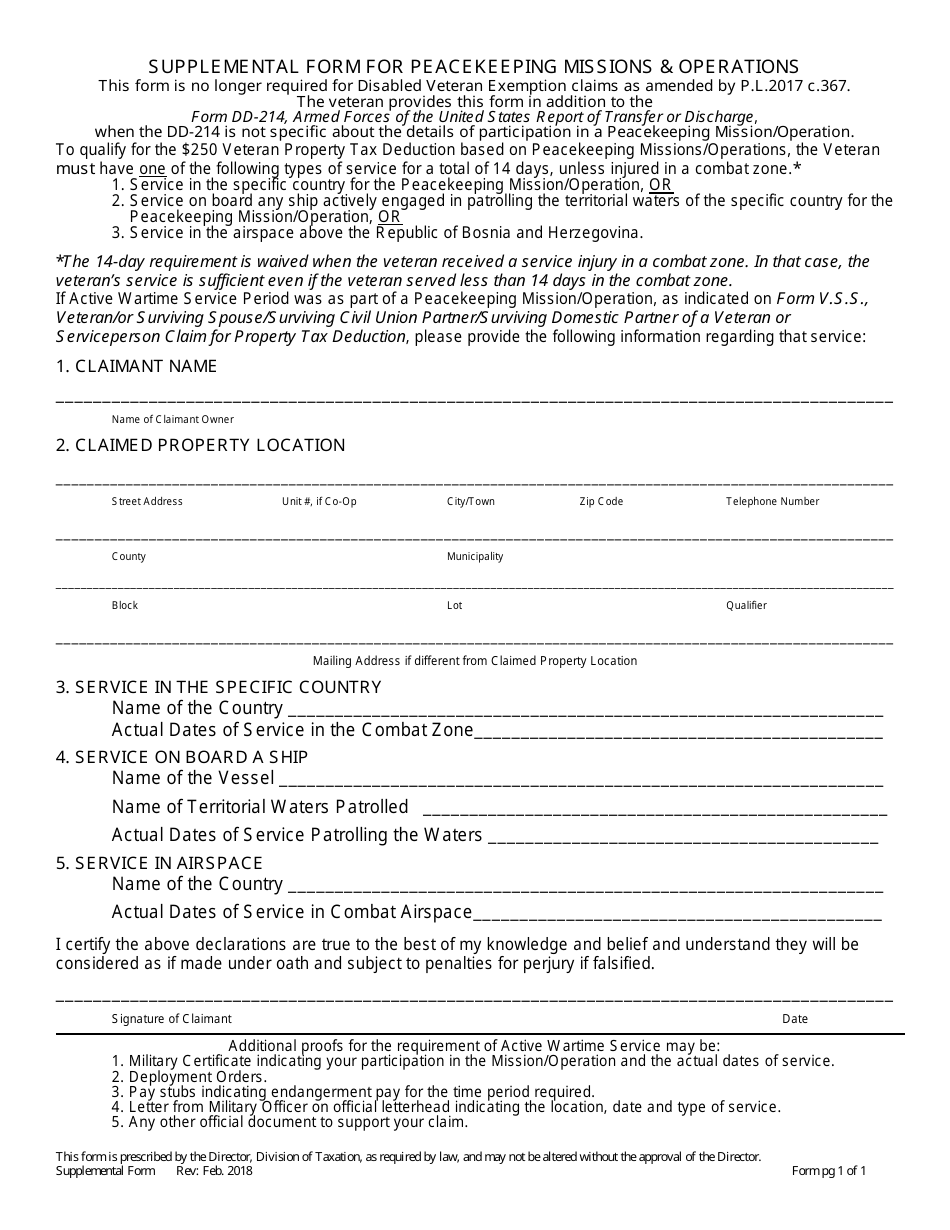 Supplemental Form for Peacekeeping Missions  Operations - New Jersey, Page 1