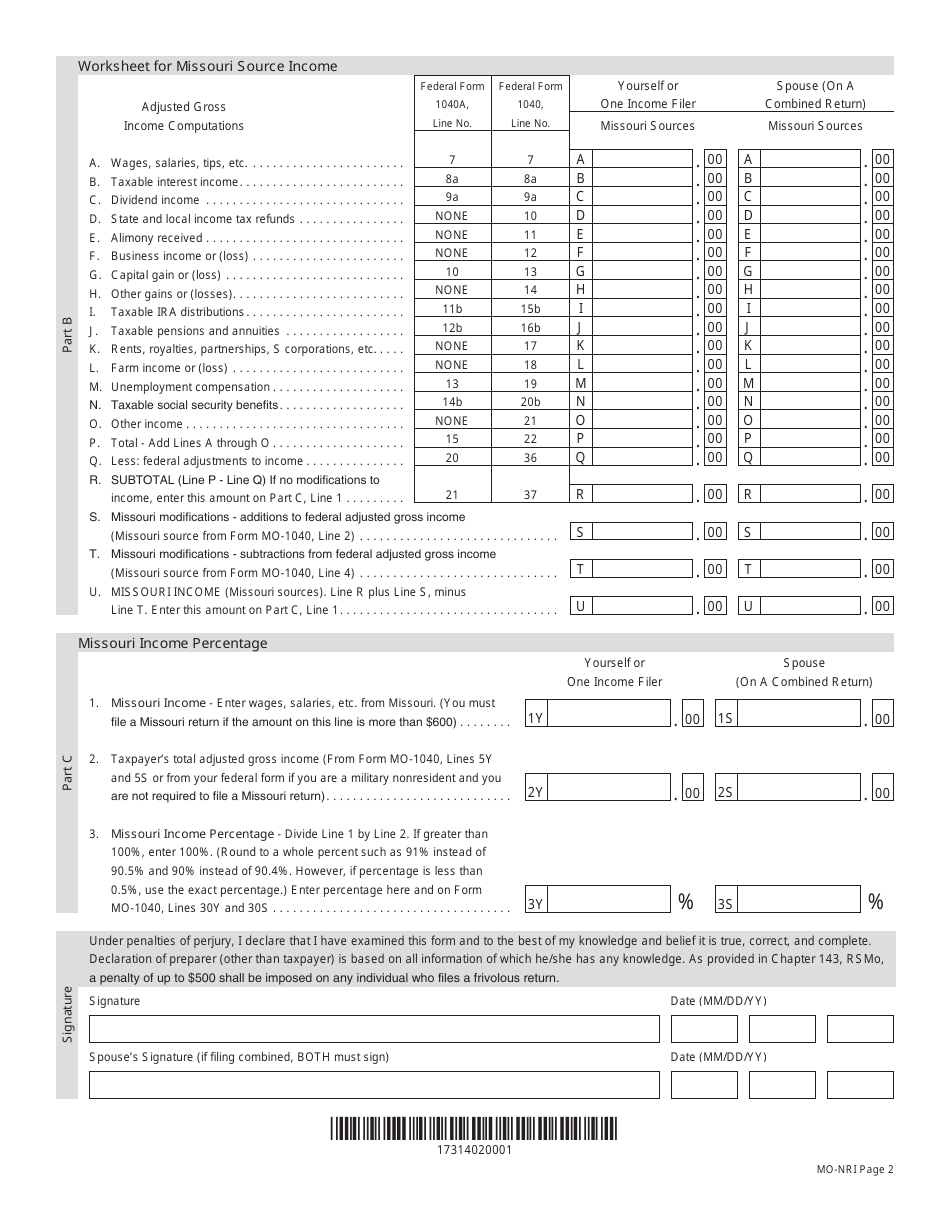 Form MO-NRI Missouri Income Percentage - Missouri, Page 2