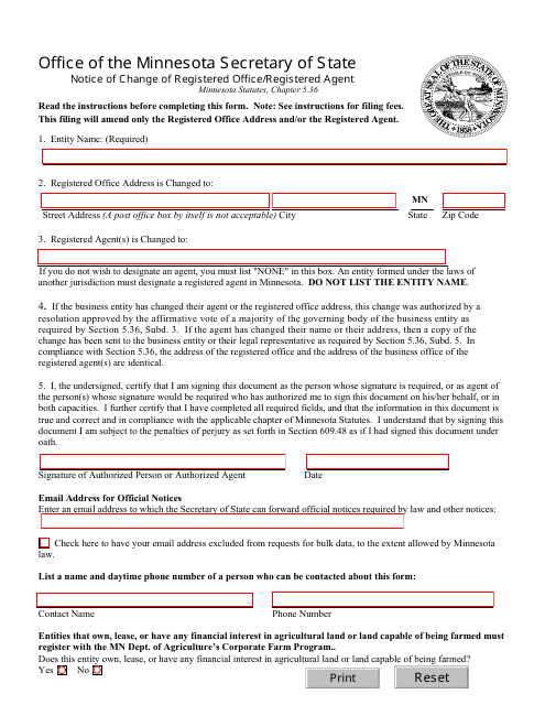 Notice of Change of Registered Office / Registered Agent - Minnesota Download Pdf