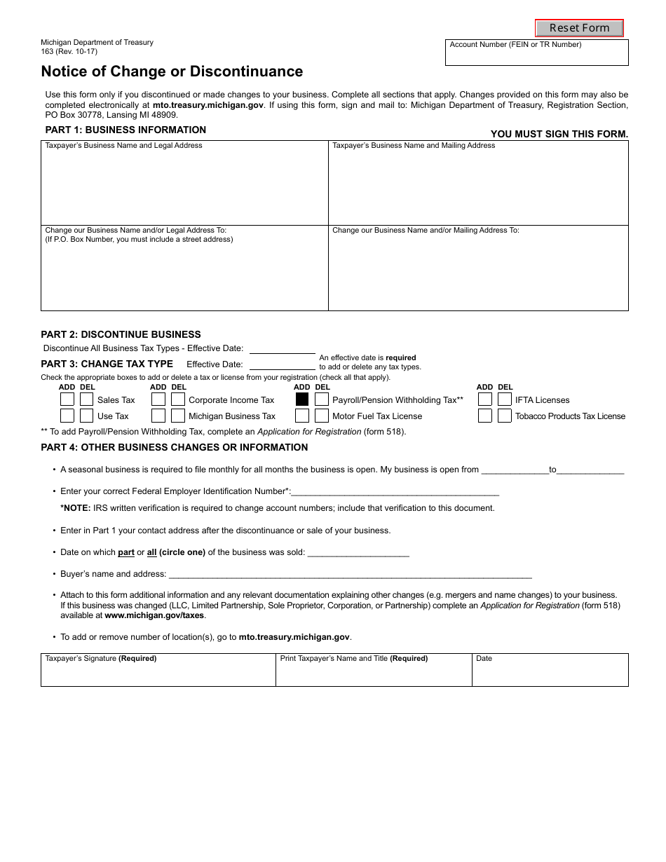 Form 163 Notice of Change or Discontinuance - Michigan, Page 1