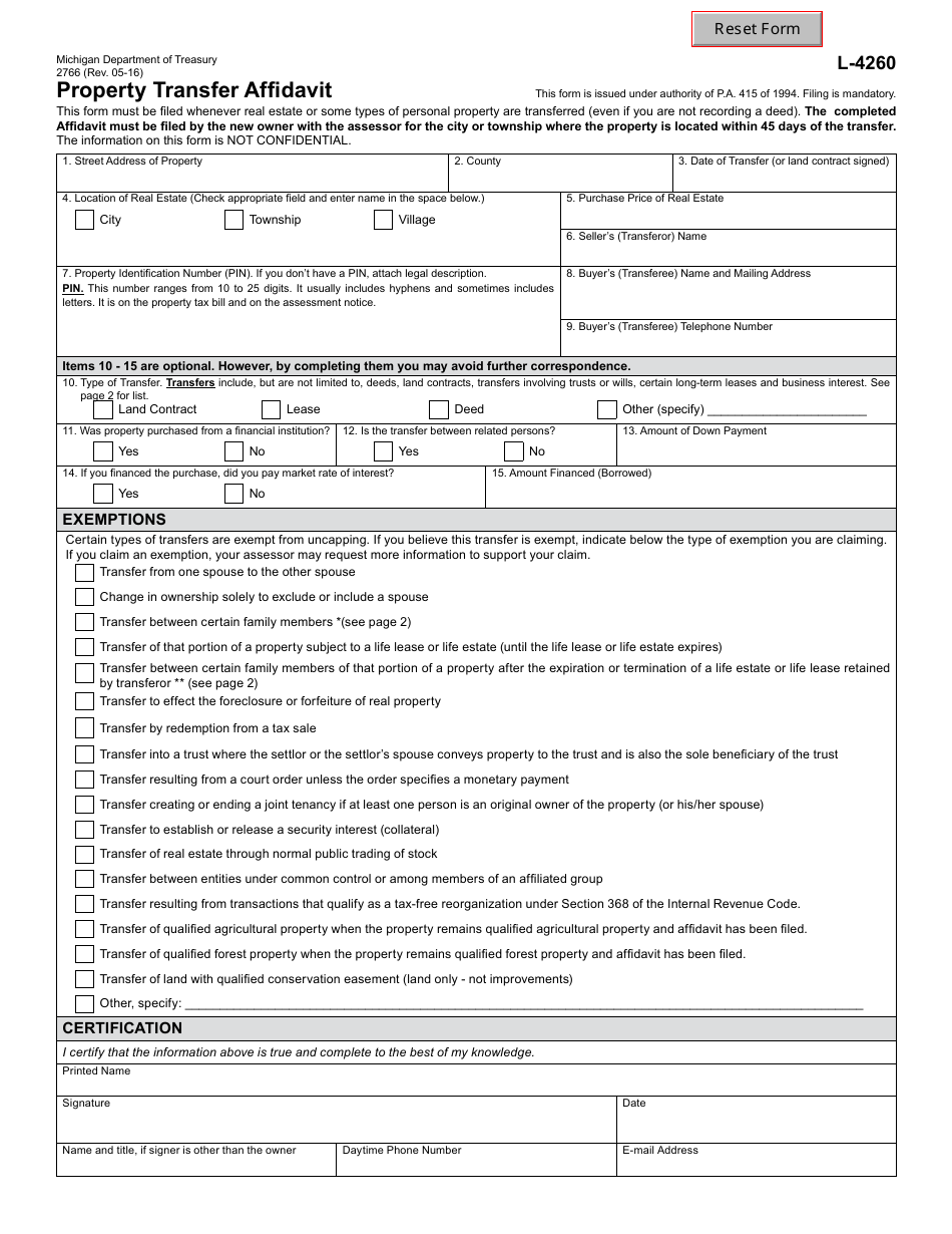 Form 2766 (L-4260) Property Transfer Affidavit - Michigan, Page 1