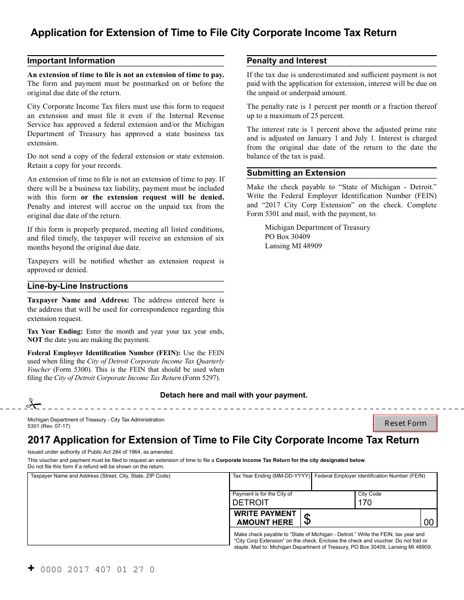 Application for Extension of Time to File City Corporate Income Tax Return - City of Detroit, Michigan, Page 1