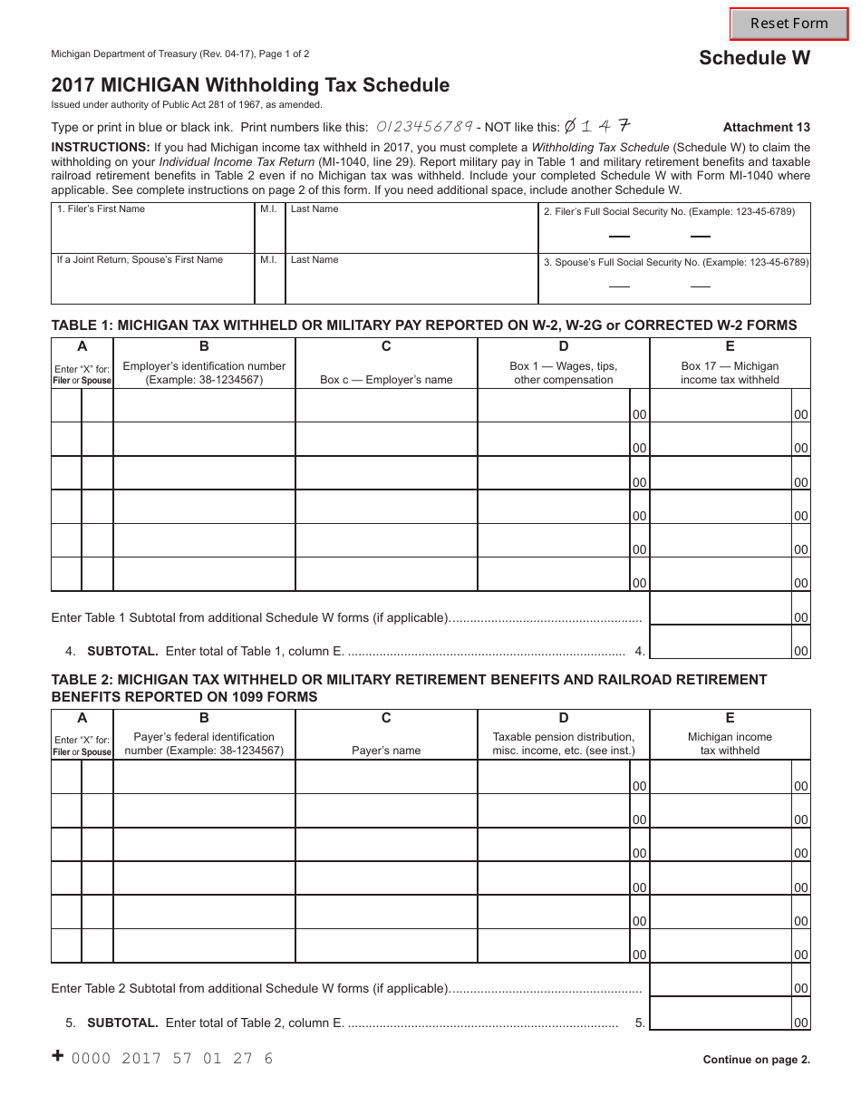 Schedule W Michigan Withholding Tax Schedule - Michigan, Page 1