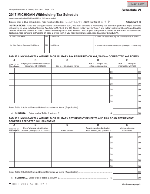 2017 Schedule W - Michigan Withholding Tax Schedule Download Fillable ...