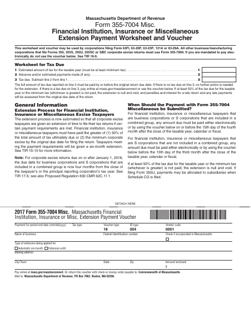Form 355-7004 Misc. Financial Institution, Insurance or Miscellaneous Extension Payment Worksheet and Voucher - Massachusetts, 2017