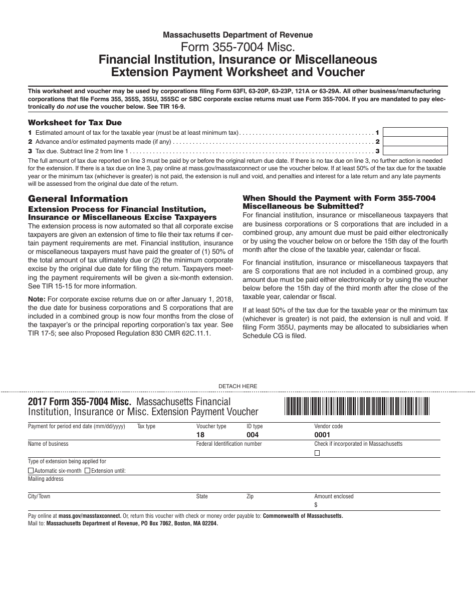 Form 355-7004 Misc. Financial Institution, Insurance or Miscellaneous Extension Payment Worksheet and Voucher - Massachusetts, Page 1