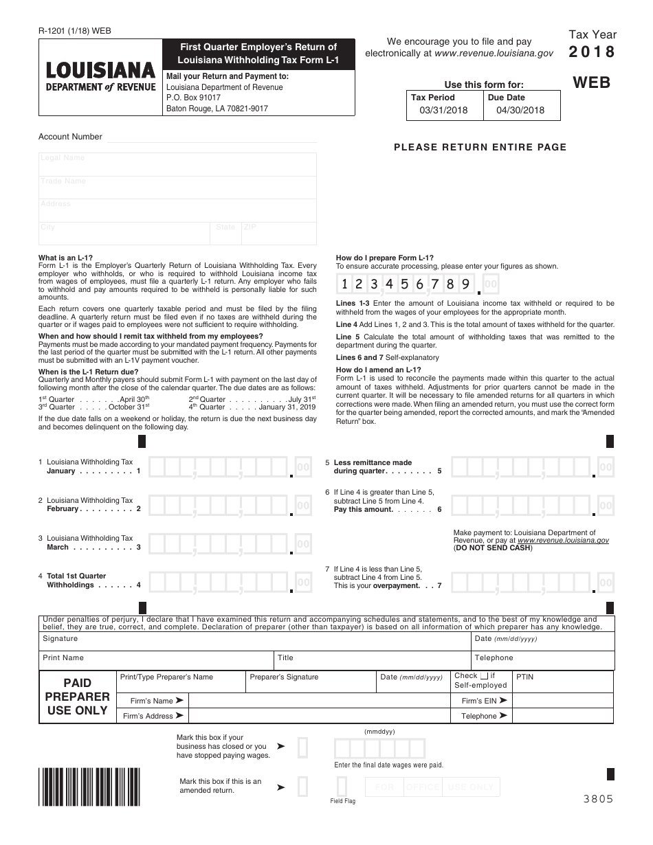 Form L-1 (R-1201) First Quarter Employers Return of Louisiana Withholding Tax - Louisiana, Page 1