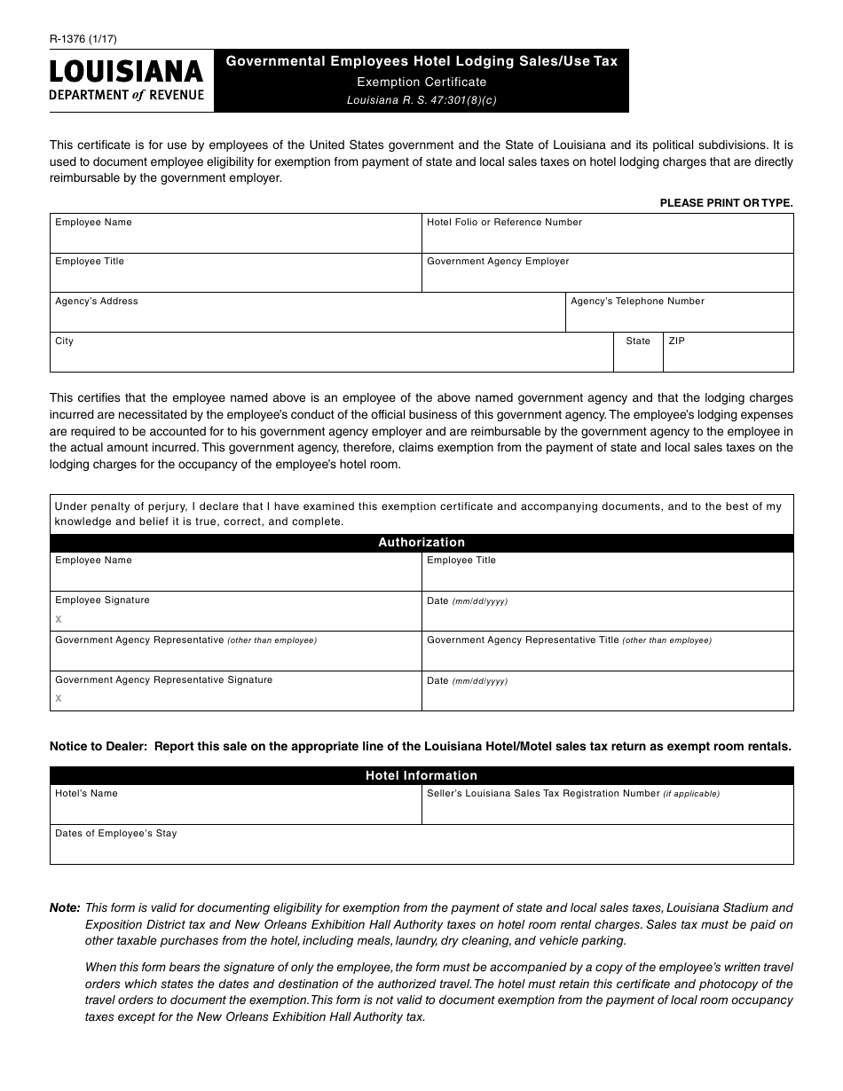 Form R-1376 Governmental Employees Hotel Lodging Sales / Use Tax - Exemption Certificate - Louisiana, Page 1