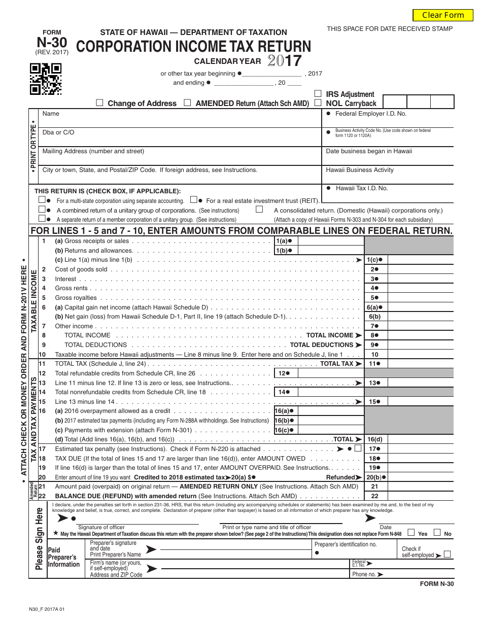 Form N-30 Corporation Income Tax Return - Hawaii, Page 1
