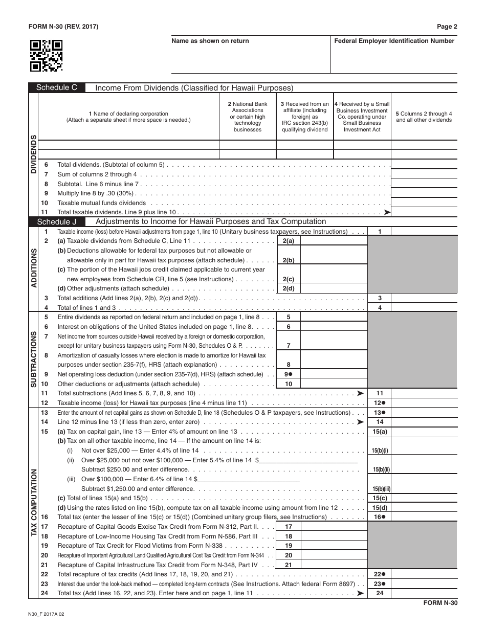 Form N-30 Corporation Income Tax Return - Hawaii, Page 2