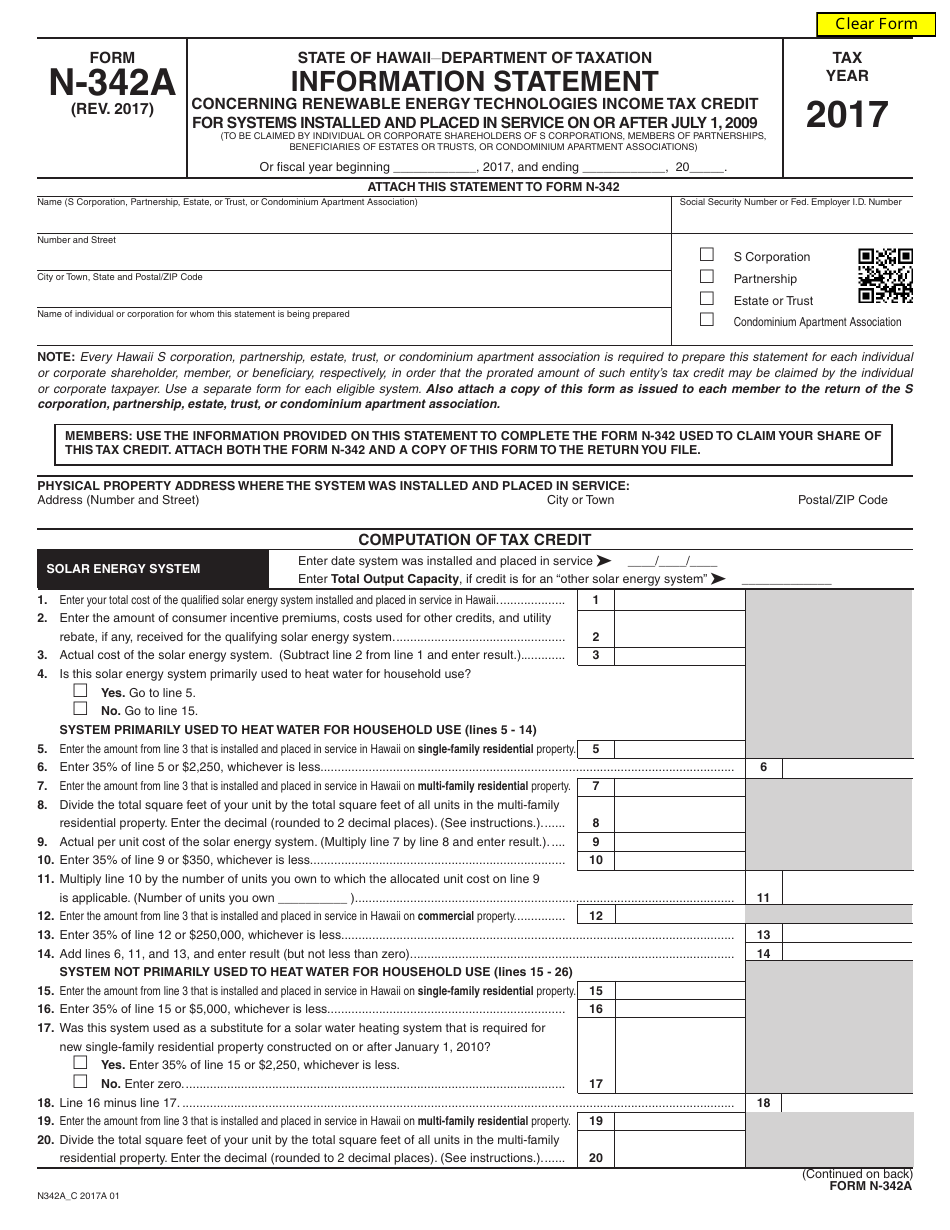 Form N-342A Information Statement Concerning Renewable Energy Technologies Income Tax Credit for Systems Installed and Placed in Service on or After July 1, 2009 - Hawaii, Page 1