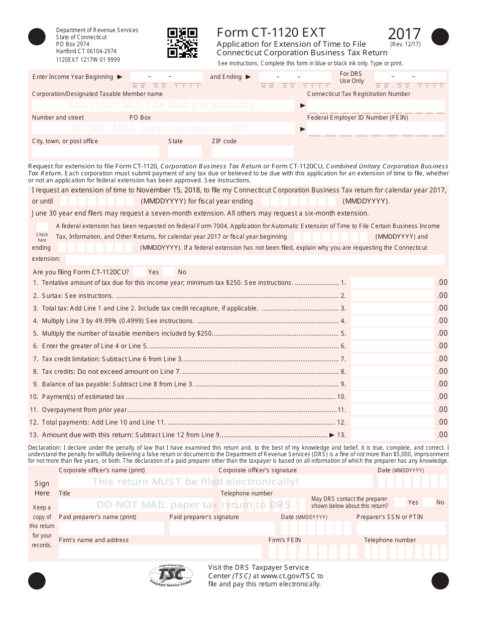 Form CT-1120 Application for Extension of Time to File Connecticut Corporation Business Tax Return - Connecticut, Page 1