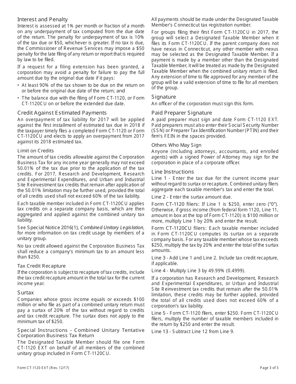 Form CT-1120 Application for Extension of Time to File Connecticut Corporation Business Tax Return - Connecticut, Page 3