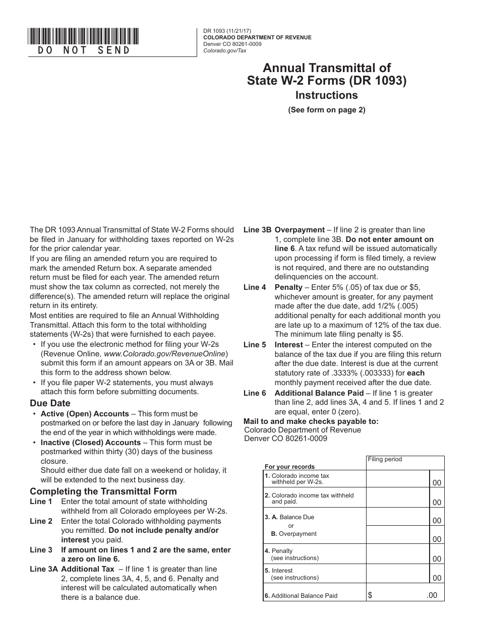Form DR1093 Annual Transmittal of State W-2 Forms - Colorado, Page 1