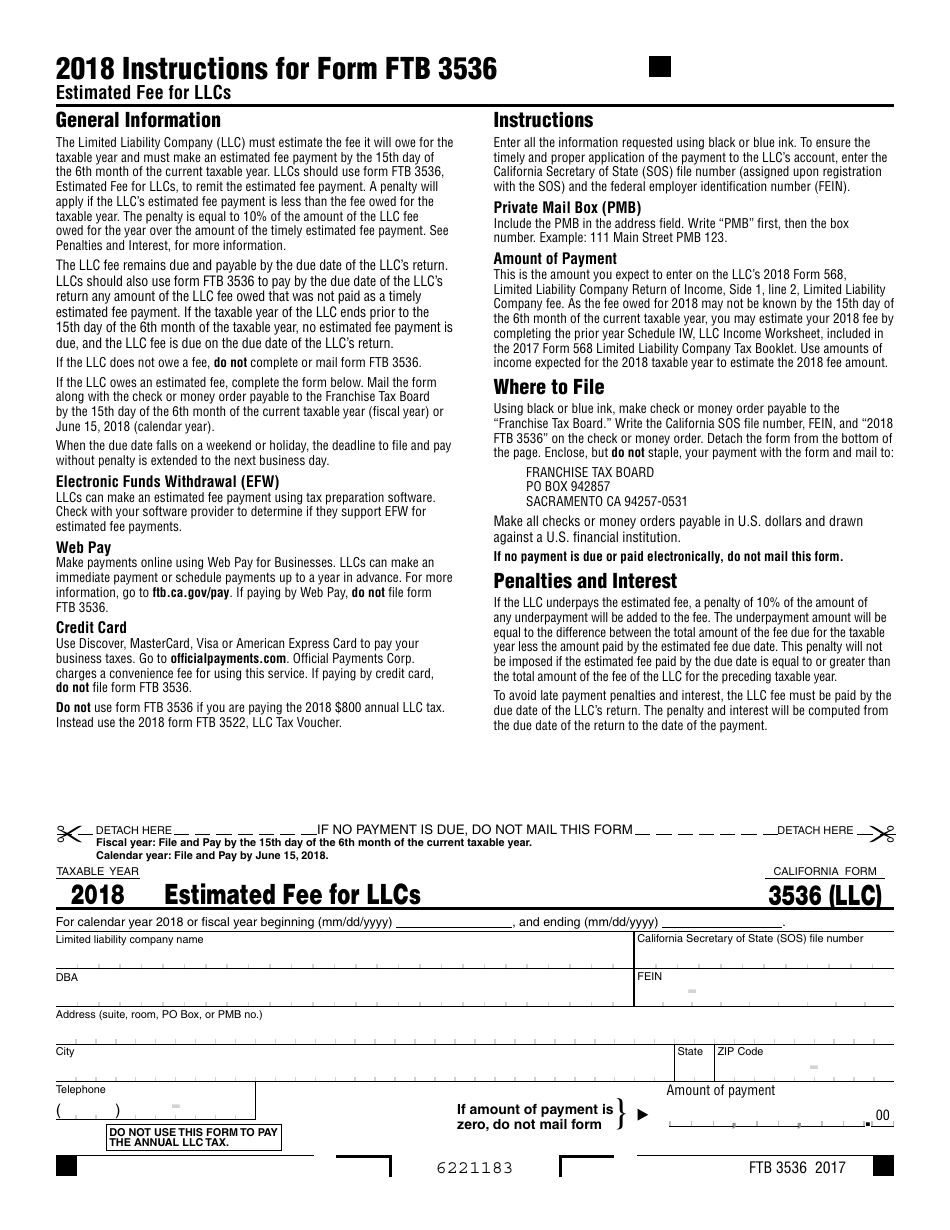 Form FTB3536 Estimated Fee for Llcs - California, Page 1