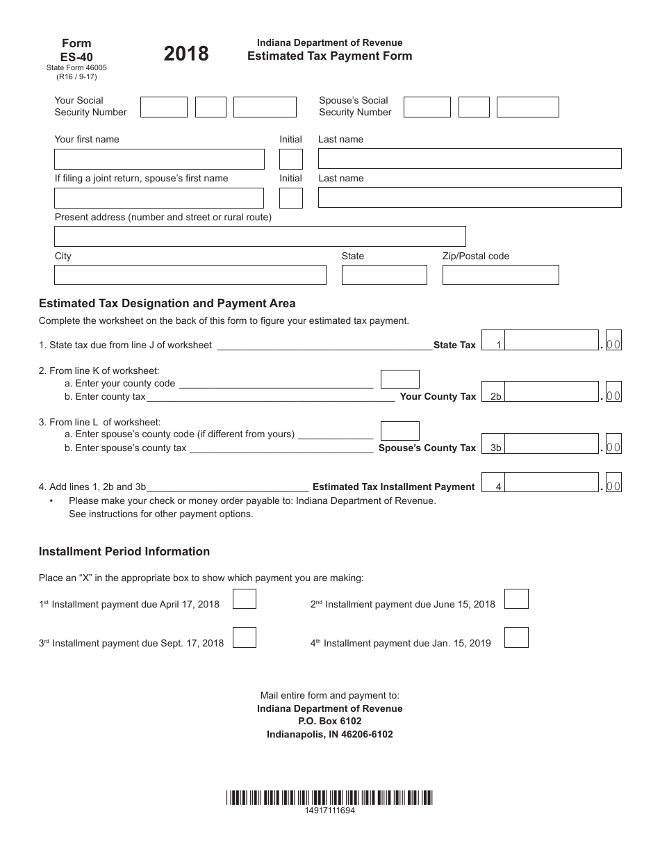 State Form 46005 (ES-40) Estimated Tax Payment Form - Indiana, Page 1
