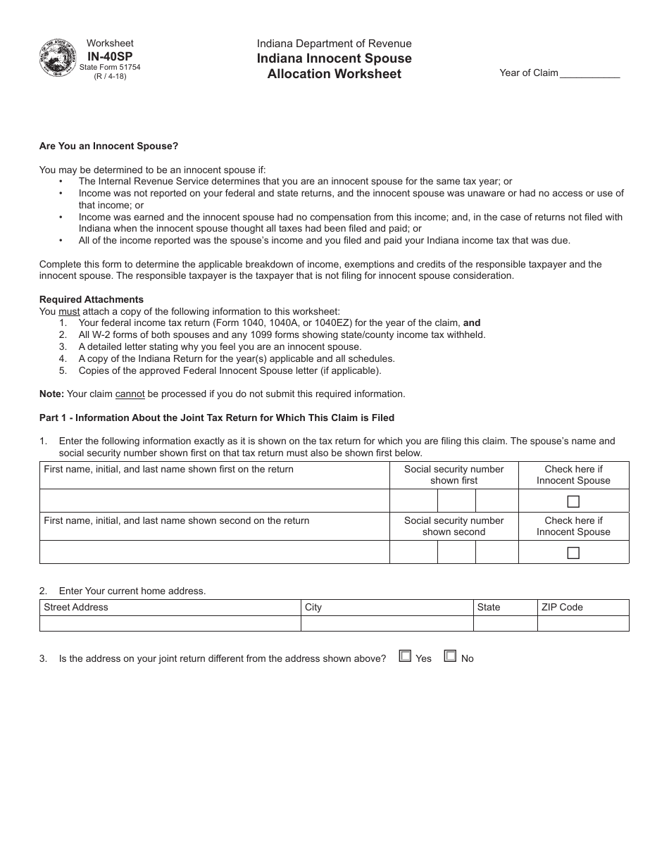 State Form 51754 (IN-40SP) Indiana Innocent Spouse Allocation Worksheet - Indiana, Page 1