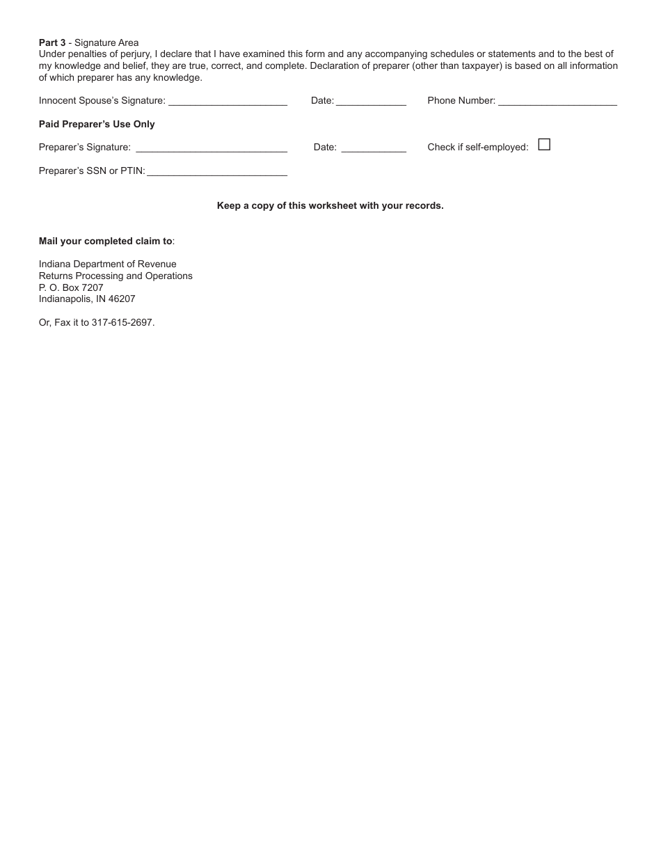 State Form 51754 (IN-40SP) Indiana Innocent Spouse Allocation Worksheet - Indiana, Page 3