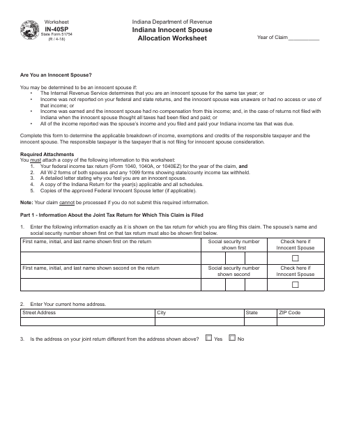 State Form 51754 (IN-40SP) Indiana Innocent Spouse Allocation Worksheet - Indiana