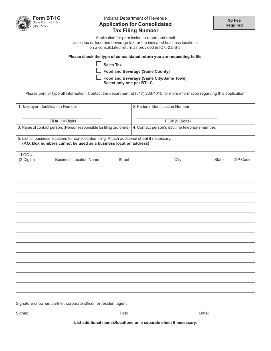 State Form 48515 (BT-1C) Application for Consolidated Tax Filing Number - Indiana, Page 1