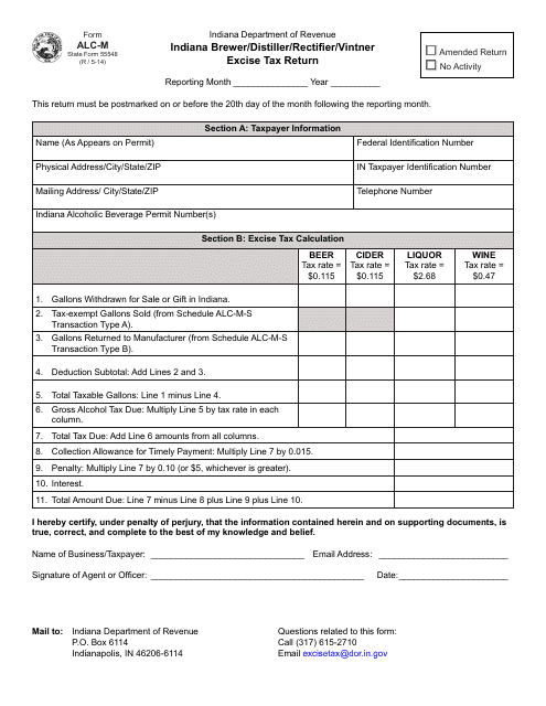 State Form 55548 (ALC-M) Indiana Brewer/Distiller/Rectifier/Vintner Excise Tax Return - Indiana