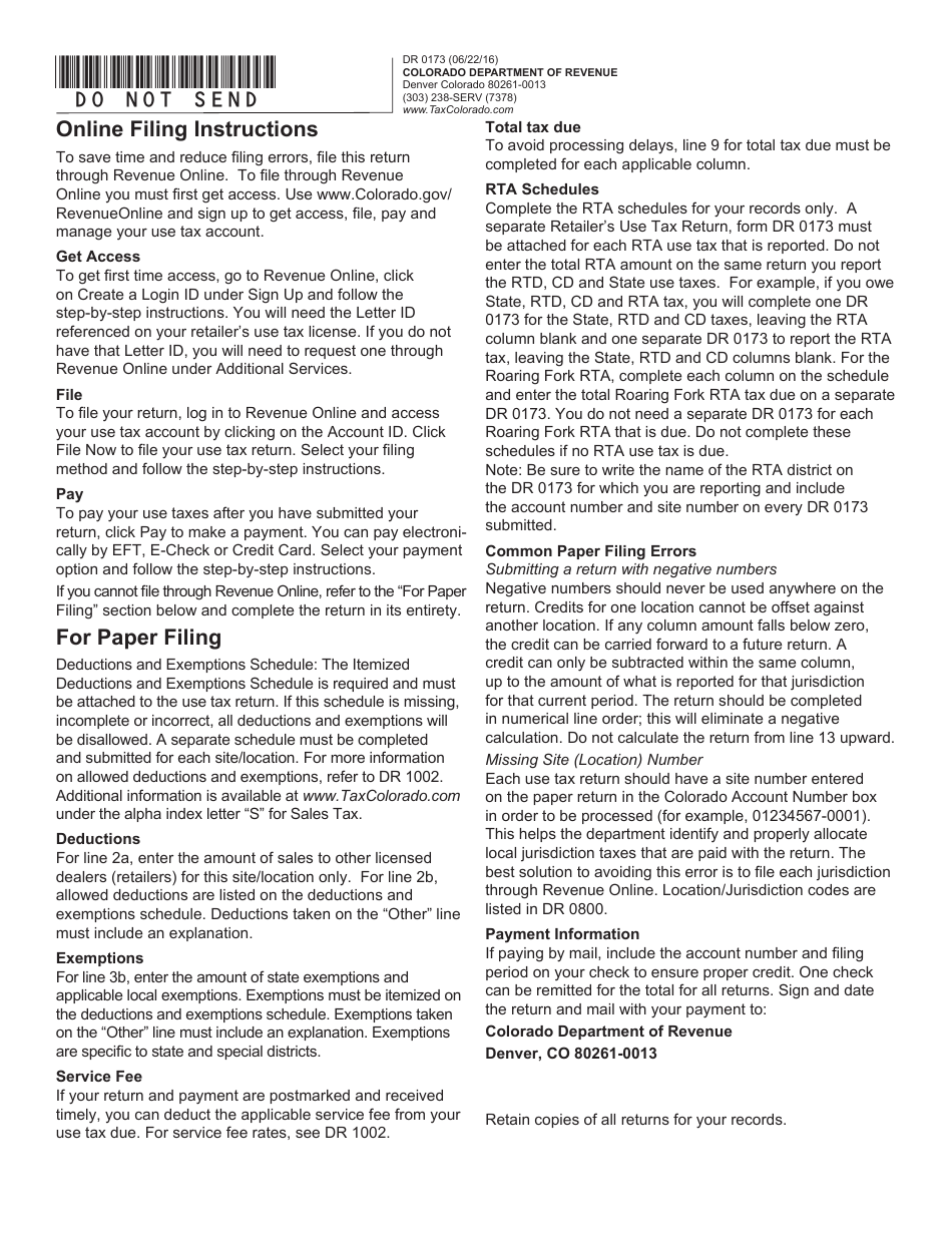 Form DR0173 Retailers Use Tax Return - Colorado, Page 2
