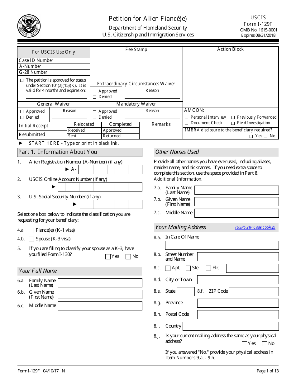 USCIS Form I-129F Petition for Alien Fiance(E), Page 1